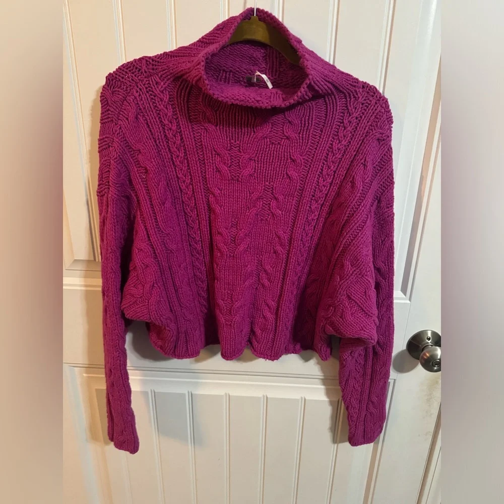 Free People Let’s Link Up Chunky Knit Sweater Purple Cable Knit Mock Neck - Picture 2 of 5